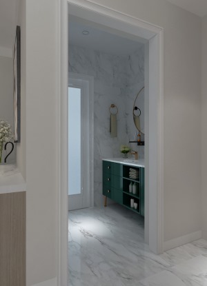 卫生间大理石文理的瓷砖，干净整洁，不失大气。墨绿的浴室柜与客餐厅形成强烈的对比，时尚大气。