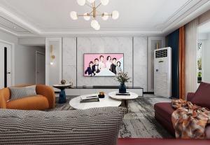 客厅电视墙简洁利落的线条感，瓷砖给人以视觉简洁干净，且提升家的高级感。白色与金属的点缀，凸显了重点。