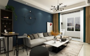 客厅沙发背景以灰色和蓝色乳胶漆设计了一个造型感，深蓝色的乳胶漆，使得客厅空间宽度有一个延展的视觉差异