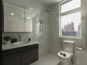 卫生间采用的是浅色的墙砖，扩大空间的视觉感，搭配深木色的浴室柜，增加空间的质感。