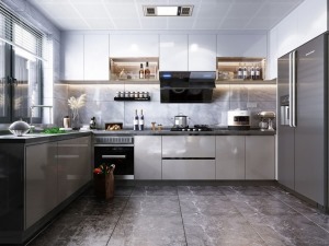 厨柜采用L型的设计，合理利用的窗户的空间，增加了储物的功能。旁边把冰箱放置在厨房，方便居家生活的使用