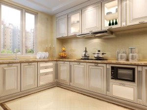 厨房考虑到实用性，充分利用空间做U型橱柜的设计，冰箱放在厨房中，吊柜也做了最大化的设计。