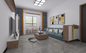 客厅在整体空间上选用偏灰色调，地面选用灰色瓷砖，搭配软装，完美中和了整体空间色彩。