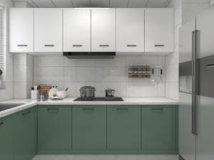 厨房选择了欧派的整体厨房，地柜和吊柜整体颜色搭配有格调，同时搭配这种白色淡纹砖，使整体空间明亮通透。