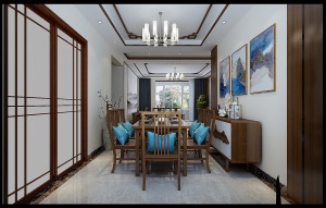 餐厅则选用跟客厅一样，木质的餐桌搭配中式的挂画，再加上蓝色的窗帘使整个空间不会显得那么拥挤。