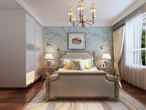 背景墙采用清新的浅蓝色，给整个房间增添了许多浪漫和舒适，飘窗的简单利用更是增加了也许的悠闲和惬意。