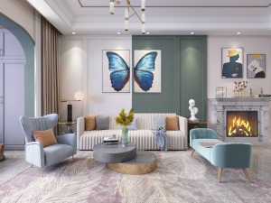 影视背景墙在颜色搭配上也用了相近的颜色，浅色的沙发让整个空间更加融合，使整个空间色彩更加协调。