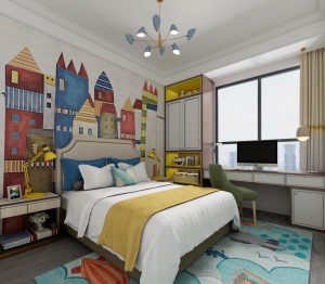 儿童房墙采用卡通的壁纸方式。用黄色和绿色的软装作为点缀色，让房间色彩更加丰富简洁。