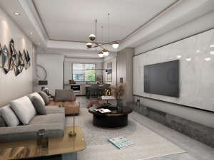 客厅影视背景墙不同于一般的设计，在大理石外部加上了黑色不锈钢线条，电视柜也是采用了地台设计。