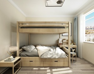 次卧为孩子的居住空间 为了满足孩子们的舒适居住 采用高低床的布局 在节省空间的同时增加其趣味性。