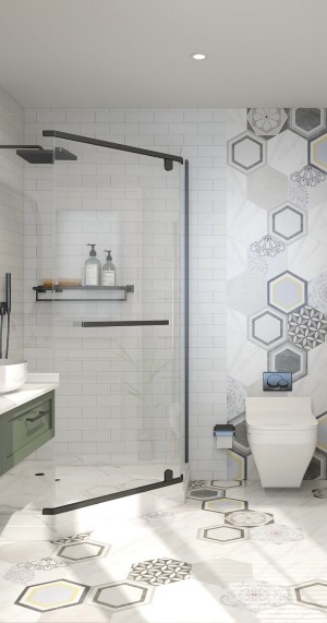 卫生间以实用功能为主，卫生间采用的是最规整的做法，用亮色瓷砖铺贴使空间显得干净利落。