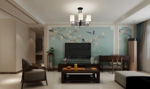 影視墻采用了白色護墻板家湖藍色壁布的作為裝飾，顯得高檔大氣，深色木質家具和中式吊燈演繹了中式傳統美學