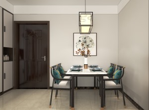 新中式的餐桌椅搭配中加入了软质的墨绿色靠枕与客厅的色调相呼应，舒适惬意的家具，搭配出了新中式的雅致。
