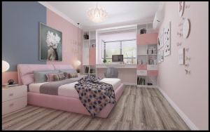 将女儿房的色调定位粉色，为了不使整个空间显得太过于单调，床头运用拼色，蓝色跟粉色搭配了柜子的跳色。