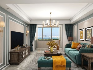 客厅墨绿色沙发搭配深色原木茶几，带来美式的厚重和怀旧感，茶几两边各摆放了一张黄色单人沙发。