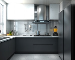 厨房延续黑白灰色调，搭配哑光骑士灰地柜，仿石材纹理的吊柜，采用的灰白搭配，现代感更强。