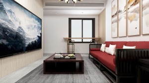 此户型入户玄关与客厅相通，沙发背景以白色乳胶漆为主，简单的装饰画搭配，在家具上选用中式元素。