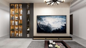 电视背景为壁纸，搭配侧面的通顶柜子 大大增加了客厅空间的储存空间和展示存储空间
