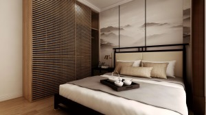 床头背景墙采用硬包和金属线条装饰，看起来整齐而不单调，整体空间白色与米色的结合更显温馨。