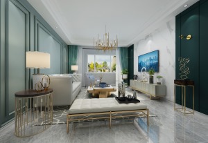 客厅爵士白瓷砖搭配墨绿色墙体，色彩的对撞 打造雅致轻奢空间感，沙发墙选用同色系，为精致的空间增填色彩