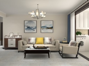 沙发背景墙则仅用两幅新中式山水画作为装饰，简单大气，也增加了客厅空间优雅的内涵。