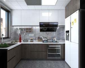厨房和餐厅在同一个区域，通过U字型的设计让空间储物更足，方便平时的生活便利性。