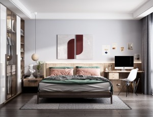 用了脏粉色和木色，营造空间的温馨感，做一些简单的床头造型来丰富空间的层次性，同时也能起到一个视觉扩张