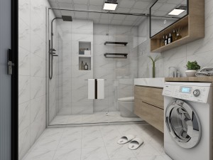 卫生间用空间增加了定制柜体的收纳，利用玻璃隔断做出了干湿分离的洗浴空间，也不用担心柜体受潮的问题。