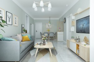 家具上面浅灰色整体色调木色为穿插色，局部点缀亮黄色，增加整个色调的层次感。