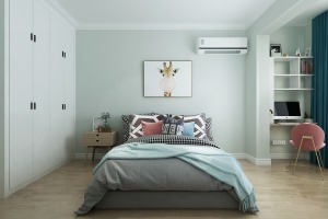 主卧室整体色调为浅灰色，装饰花线作为床头的设计，增加空间的装饰性，柜子颜色采用的是拼色造型。
