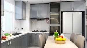 本案例采用的是开放式的厨房，厨房和餐厅在同一个区域，通过L字型的设计让空间储物更足，方便平时的生活。