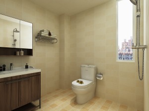 卫生间墙地砖用的哑光风格砖，给人一种小田园的感觉，更加的自然，温馨。