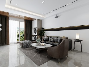 整体的色调为黑白色调，搭配业主原有的黑色皮质沙发，简洁，雅致。