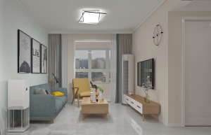 客厅沙发背景墙使用了清新的薄荷绿乳胶漆，其他墙体则是淡淡的暖黄色，舒适而具有设计感的家具。