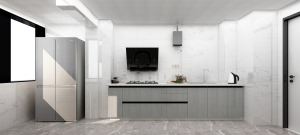 厨房设计采用对面两排，把冰箱设计在厨房阳台里面，使用起来更加方便，也不占用空间。