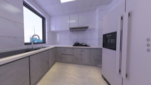 厨房设计采用敞开式设计，墙面浅色大理石纹搭配橱柜灰色，让厨房的整体搭配橱柜灰色，整体搭配感更加时尚。