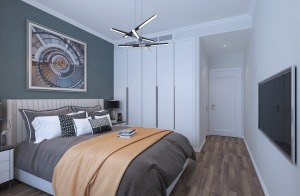 主卧室整体设计偏简单温馨些，浅蓝色的床头背景墙突出整体的设计和色彩，飘窗设计采用浅色大理石纹。