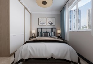 造型圆润饱满的实木床，既简约又体现实木感。淡雅清新的床头背景墙，木色为主色调的搭配，尽显清新淡然。