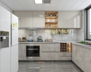 厨房采用U型的设计，最大化利用空间，冰箱放置在厨房方便烹饪。采用暖色的柜体，看起来也给增加了烟火气息