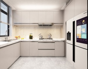 整个厨房良好的采光，搭配白色墙砖，是整个空间更加明亮通透，地砖采用了浅灰色砖，使整个空间设计感更强。
