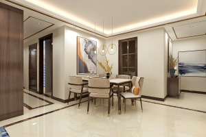 与客厅相呼应，在颜色上与客厅统一色调，也采用了淡黄色乳胶漆，整体给人明亮舒适的感觉。