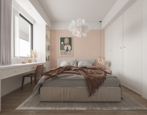 主卧室整体采用暖色调，背景墙采用纱罗的色调，看起来暖暖的，窗口的墙柜增加了储物，放置小物品很方便。