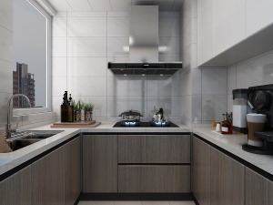 U字型厨房，增加了厨房的储物空间，厨房墙面白色仿石材的砖，干净大气，地柜、吊柜采用拼色设计，更有质感