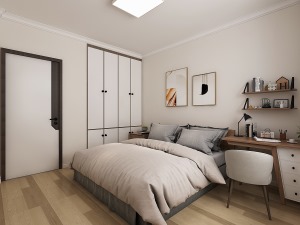 卧室的木门和衣柜均选用了拼色的效果，深浅色的搭配不仅视觉冲击力大，而且增加空间的层次感。