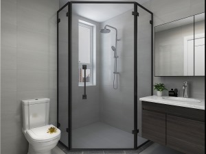 卫生间墙砖灰色系通铺，显得空间更大一些，搭配深色的浴室柜木纹，更凸显质感，设计了淋浴房，方便清理。