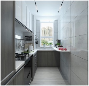 厨房L型的设计，做了高柜与可折叠的收纳板，这样尽可能的利用空间，增加储物功能。