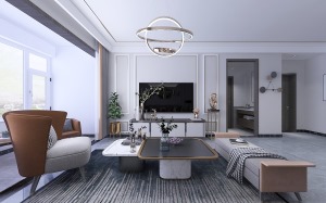 地面的装修，选择灰色大板瓷砖来装饰，使得整个客厅简约舒适中透露着轻奢的感觉。