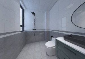卫生间的设计墙面采用上下砖加腰线的搭配，采用墨绿色浴室柜和灰色墙面搭配也更加明亮。