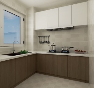 厨房地柜选用胡桃木色板，吊柜选用雪松白色板，色调深浅搭配，厨房砖选用拼色砖，搭配起来干净明亮且有格调