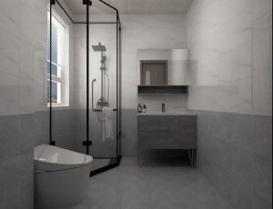 卫生墙砖采用浅灰色墙砖与白砖想结合的铺贴方式，视觉冲击力效果更强，搭配黑色淋浴房使空间更加时尚大气。